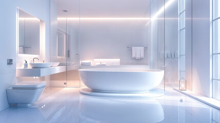 Poster - Modern minimalist white bathroom interior design with freestanding bathtub sink toilet and large mirror
