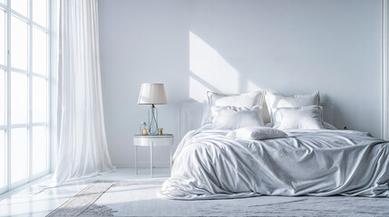 Wall Mural - White bedroom with window bright white bedroom interior morning light linens bed lamp minimalist home decor cozy bedroom design interior design inspiration bedroom goals