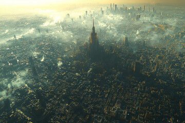 Poster - Birds-eye view of a sprawling metropolis with a mix of modern skyscrapers and historic buildings, highlighting urban development. Concept of city growth and architectural diversity.