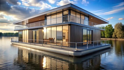 Modern houseboat with sleek design and large windows , water, lifestyle, travel, vacation, floating, luxury