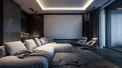 Poster - Modern home cinema room interior design with projector screen comfortable sofa chairs dark walls and dim lighting luxury apartment entertainment