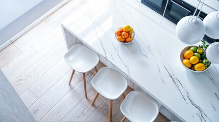 Wall Mural - Modern kitchen white interior countertop barstools bowls fruit lemons oranges limes bright spacious clean minimal architecture home decor design