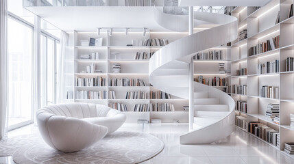 Poster - Modern minimalist home library white interior design bookshelves spiral staircase armchair bright spacious reading room nobody home decor elegant style trendy apartment architecture