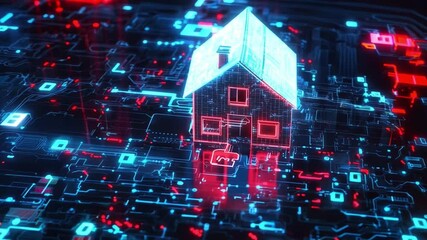 Poster - A futuristic house is illustrated on a vibrant technology-themed background, symbolizing the merging of real estate and digital innovation. This highlights the evolution of property and technology.