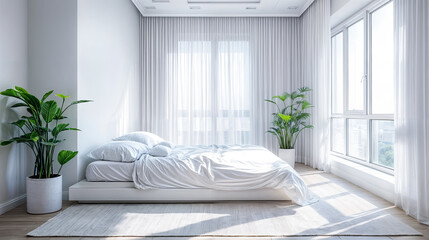 Wall Mural - Modern minimalist bedroom interior design with white bed linens potted plants white sheer curtains white rug and large windows with city view Interior design trends