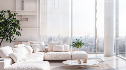 Poster - Modern minimalist white living room with large windows overlooking city skyline comfortable couch houseplants natural light airy interior design spacious apartment