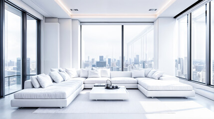 Wall Mural - White minimalist living room interior with large windows offering panoramic city views natural light illuminating modern sofa coffee table creating spacious ambiance elegance comfort