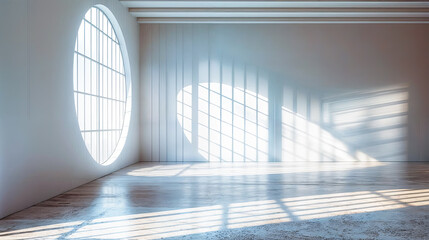 Poster - Empty room interior white wall concrete floor window daylight shadow architecture