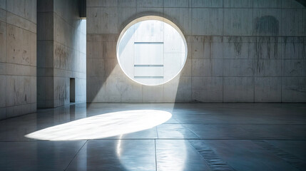 Empty room concrete wall circular window sunlight architecture minimal modern design space bright clean interior background