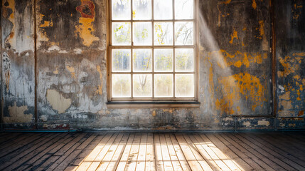 Sticker - Empty room sunlight window old building grunge wall interior vintage architecture floor wood abandoned factory design industrial warehouse