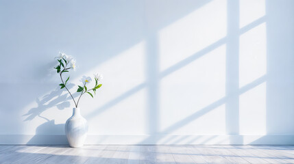 Wall Mural - White flowers in vase minimalist interior design bright room window shadows hardwood floor apartment living room decor modern home interior design