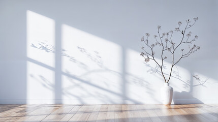 Poster - Empty minimalist room interior with white wall wooden floor vase branches shadows sunlight from window mockup background