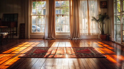 Poster - Sun shining through window bright empty room hardwood floor rug home interior natural light houseplant windowpanes warm cozy peaceful serene tranquil inviting spacious airy architecture interior