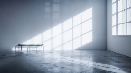 Poster - Minimalistic empty room interior with bench window and sunlight shadows architecture background real estate design