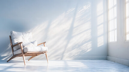 Poster - Minimalist interior design with a comfortable armchair natural light shadows on the wall perfect for relaxation peace tranquility concepts furniture home decor apartment living room