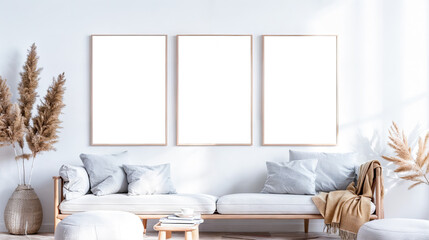 Poster - Three empty frames on a wall above a white sofa mockup interior design minimalist style living room sofa pampas grass home decor neutral colors interior trend houseplant boho style living room