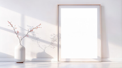 Poster - Minimalist interior with empty vertical frame mockup on white wall vase with flowers sunlight shadows template 3d rendering illustration