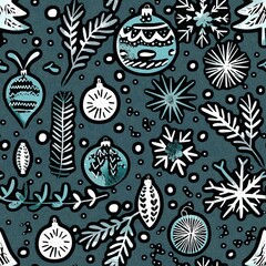 Wall Mural - Elegant winter christmas greenery seamless pattern with snow template element design. Festive rustic textile foliage pattern with tree, snowflake and decorative cloth fabric texture background.