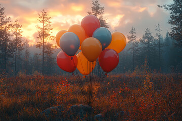 Poster - a series of floating balloons with no strings visible, as if held by an unseen person. concept of ma