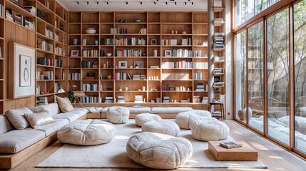Poster - Modern living room interior with stylish furniture bookshelf design home decor beige aesthetic house interior design comfortable home library book lover cozy house home interior design ideas