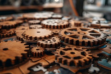 Wall Mural - Intricate Arrangement of Wooden Gears Showcasing Mechanical Precision