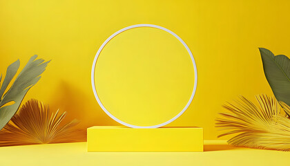 Sticker - blank yellow display on vivid summer background with minimal style blank stand for showing product 3d rendering