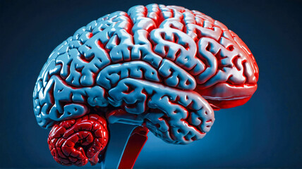 Poster - A detailed 3D illustration of a brain, highlighted in blue and red