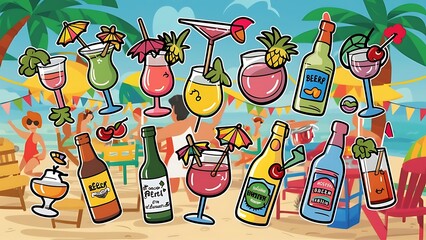 Alcoholic drink icons set cartoon vector. Various colorful cocktail. Summer holiday and beach party concept