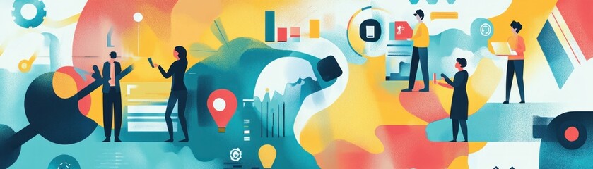 Poster - Abstract Illustration of People Interacting with Technology and Data