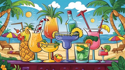 Alcoholic drink icons set cartoon vector. Various colorful cocktail. Summer holiday and beach party concept