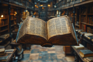 Poster - A floating book in a library with pages turning by themselves, hinting at an invisible reader. Concept of literary enchantment and invisibility.