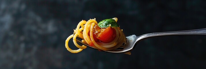 Canvas Print - Floating Tomato and Basil Pasta on a Fork