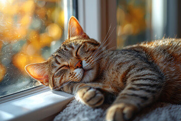 Poster - A cat napping in a sunlit window, basking in the warmth and comfort of its home. Concept of contentment and restful living.