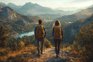 Poster - Young people exploring a hiking trail, taking in scenic views and enjoying nature. Concept of adventure and exploration.