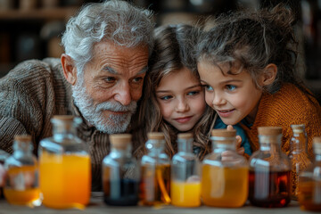 Sticker - Grandparents and grandchildren having a fun science experiment session at home, mixing colorful substances. Concept of learning and experimentation.