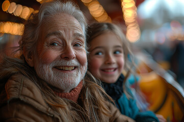 Wall Mural - Grandparents and grandchildren having a fun day at an amusement park, riding attractions and sharing excitement. Concept of entertainment and family adventures.