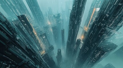 Poster - A Bird's Eye View of a Futuristic Cityscape, Rendered in Teal and Grey Hues