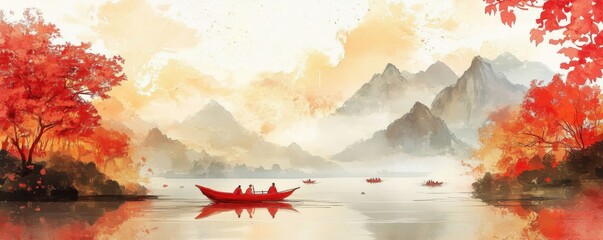 serene landscape with a red boat sailing on a tranquil lake surrounded by misty mountains and vibran