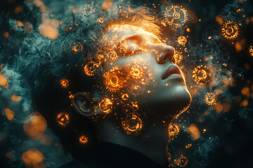 Aufkleber - a person surrounded by floating, glowing gears and cogs, illustrating the inner workings of an inven