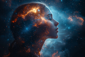 Wall Mural - A person's silhouette filled with constellations and nebulae, indicating the vastness and depth of the mind. Concept of mental expansiveness and exploration.