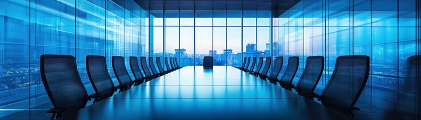 Poster - Empty Conference Room with Cityscape View at Night