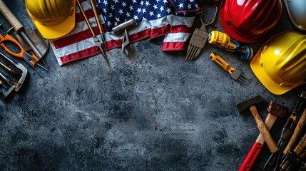 American Flag with Construction Tools and Hard Hats