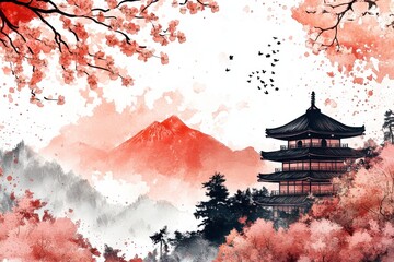 Japanese temple surrounded by cherry blossoms with a red sky and majestic mountain backdrop, capturing traditional architecture and serene nature