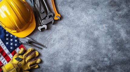 American Flag, Construction Gloves, Hard Hat, and Tools