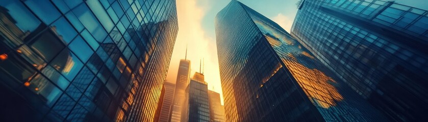 Poster - Skyscrapers Reflecting Sunset in Cityscape