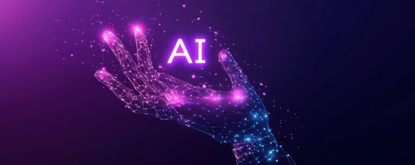 Poster - futuristic ai concept featuring a digital robot hand holding the word ai with glowing neon lights on