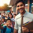© Guillermo - Profesor alegre con sus alumnos en el patio de la escuela, niños alegres de fondo.