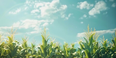 Poster - Organic Cornfield under Clear Blue Sky Lush Maize Plants Thriving in the Field