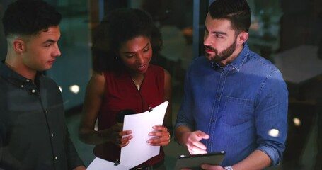Poster - Tablet, night and team of business people in discussion, planning strategy or communication with paper documents. Tech, creative group and deadline, designer brainstorming or conversation in startup