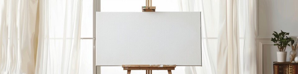 Poster - Wooden easel with an empty white canvas set indoors